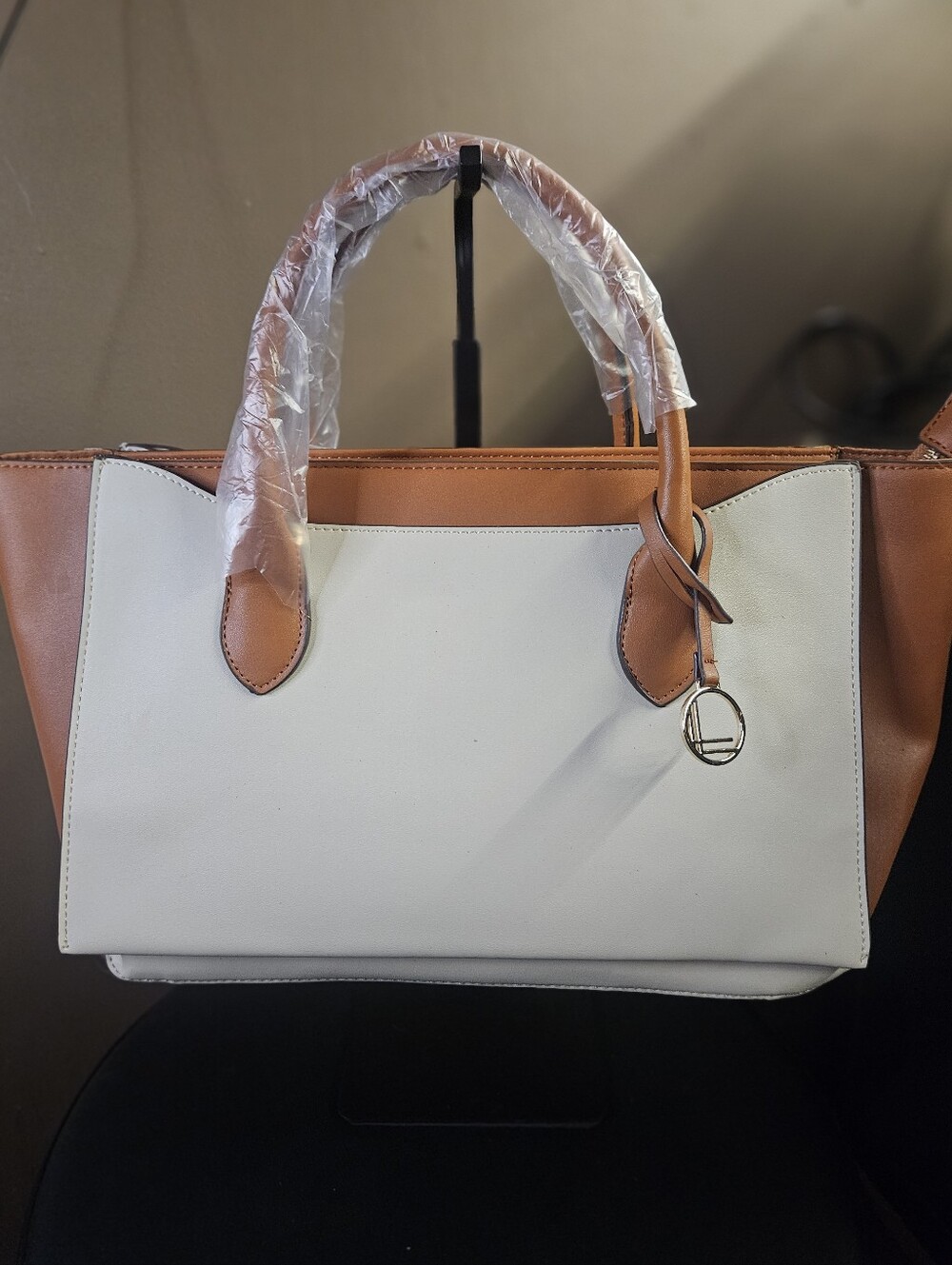 Two-Tone White and Tan Structured Tote Bag